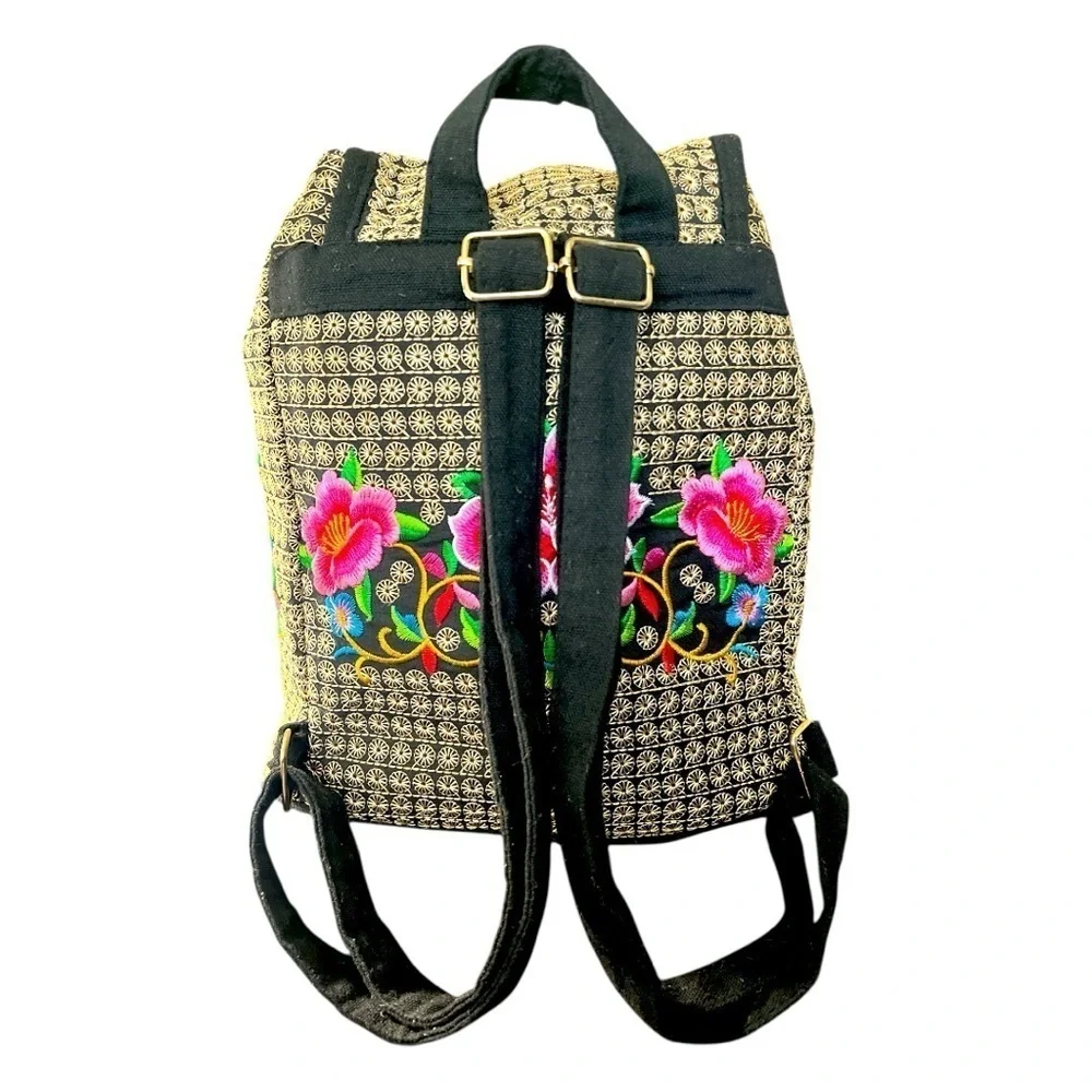 Boho Hippie Gypsy Embroidered Art to Wear Floral Cinch Sack Backpack Handbag